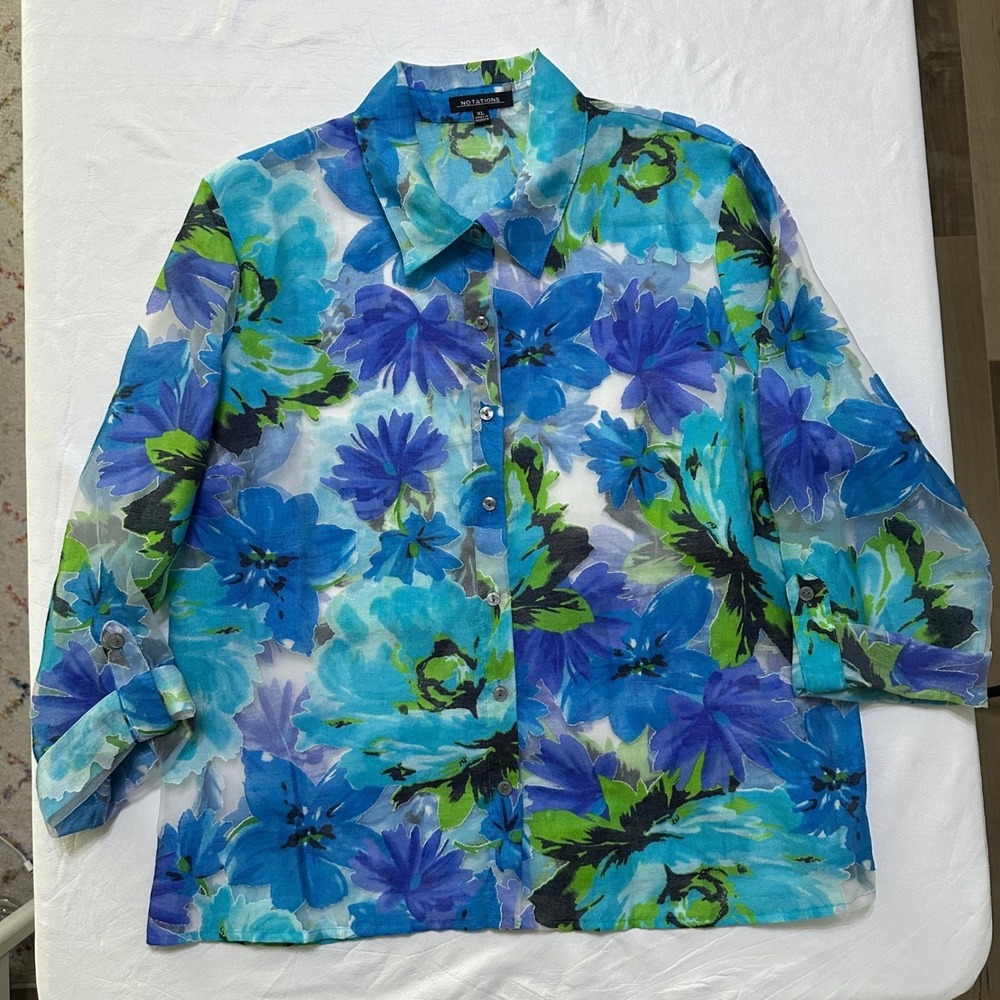 VTG Sheer Floral Burnout Button Up Shirt Womens XL Y2K Coastal Whimsigoth Fairy - Picture 7 of 8
